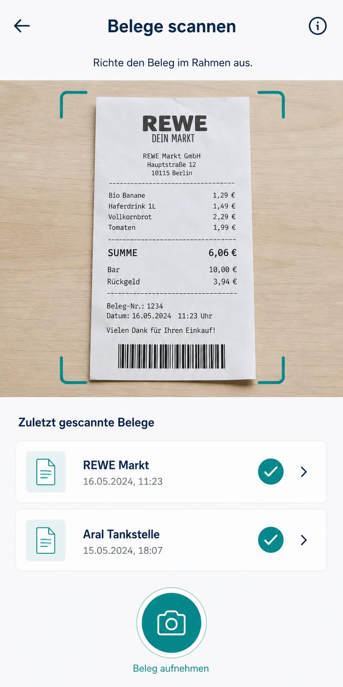 KIM Mobile App beim Scannen eines Belegs